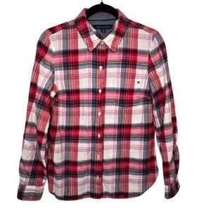 EUC Women’s Tommy Hilfiger Navy & Hot Pink Plaid Flannel Shirt Size 2